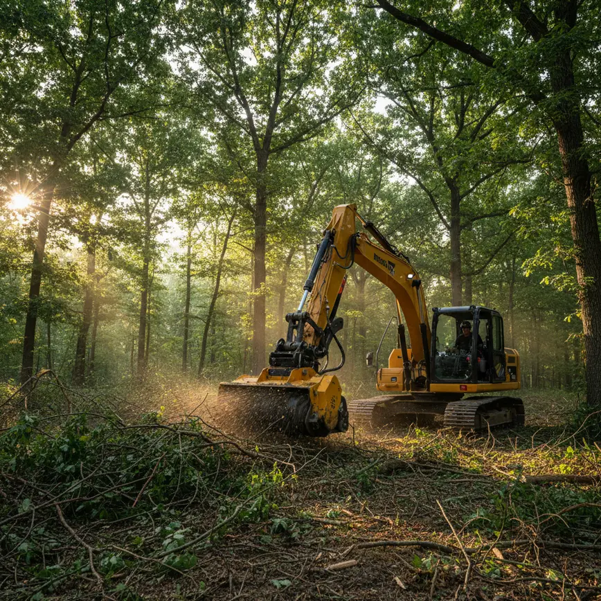 Excavator clearing dense brush and trees on a wooded residential lot in Milford Center.