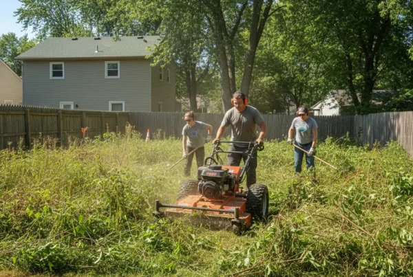 A compact brush mower clearing an overgrown residential yard in Whitehall, Ohio.
