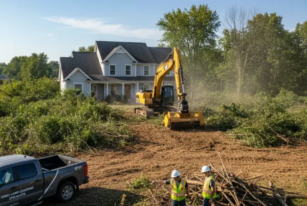 Professional crew using an excavator for brush clearing on a large residential lot in Pataskala.