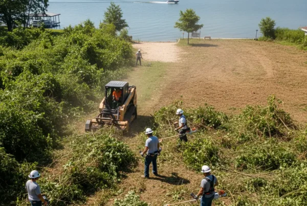 Professional crew performing brush clearing on an overgrown shoreline property at Buckeye Lake, Ohio.