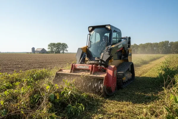 Ohio Utility Right-of-Way Clearing: What It Is and How It Protects Your Project 5 Forestry mulcher on a skid steer clearing overgrown brush on a flat farm field.