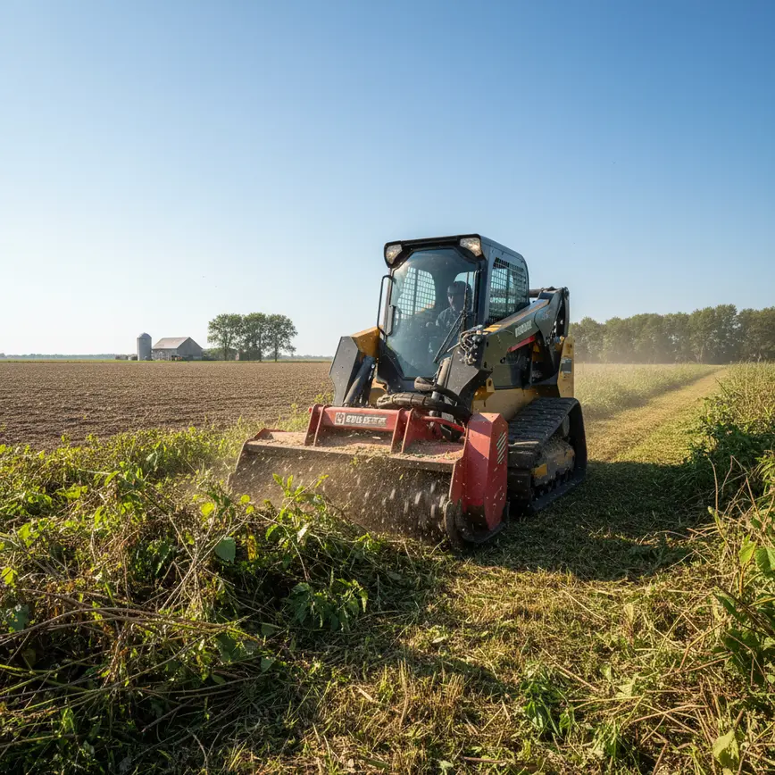 Forestry mulcher on a skid steer clearing overgrown brush on a flat farm field.