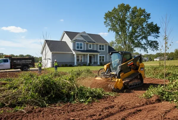 A skid steer with a forestry mulcher attachment clearing brush on a flat lot.