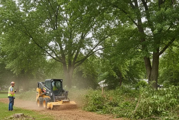 Professional crew performing brush clearing on a compact residential lot in Grove City, Ohio.