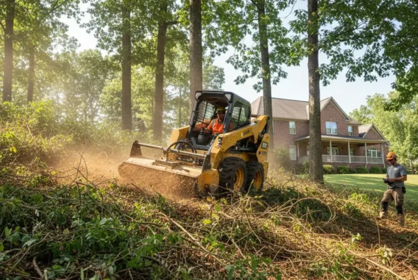 Professional crew performing brush clearing on a steep, hilly property in Newark, Ohio.