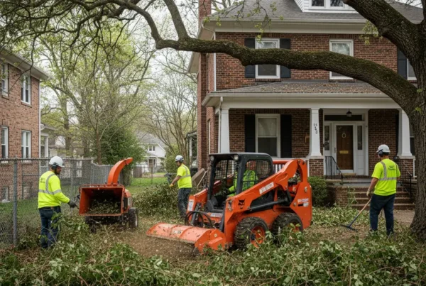 Professional crew using compact equipment for brush clearing on a narrow Columbus, Ohio lot.