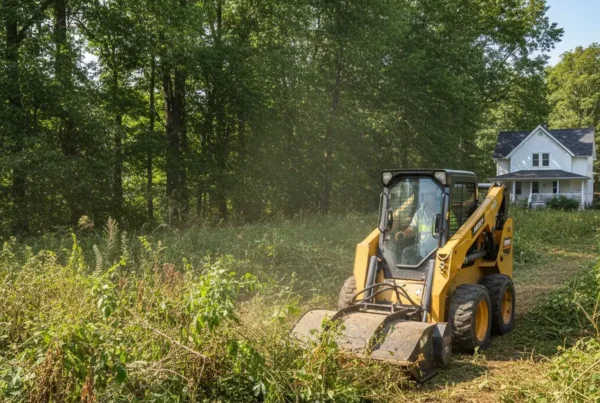 Professional crew performing brush clearing on a narrow residential lot in Rushville, Ohio.