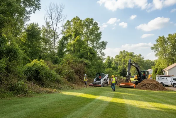 Professional crew performing brush clearing on a gently rolling suburban lot in Powell, Ohio.