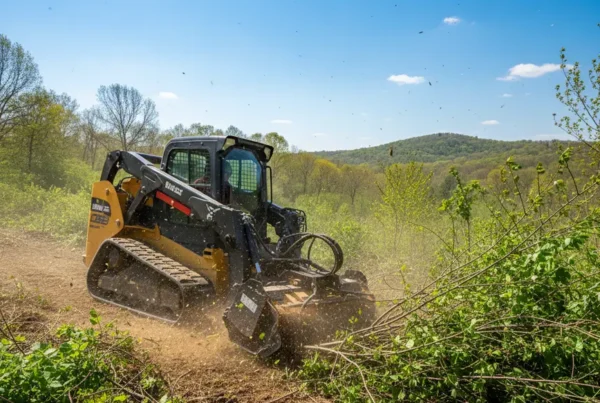 A skid steer with a mulcher attachment clearing overgrown brush on a rolling hillside.