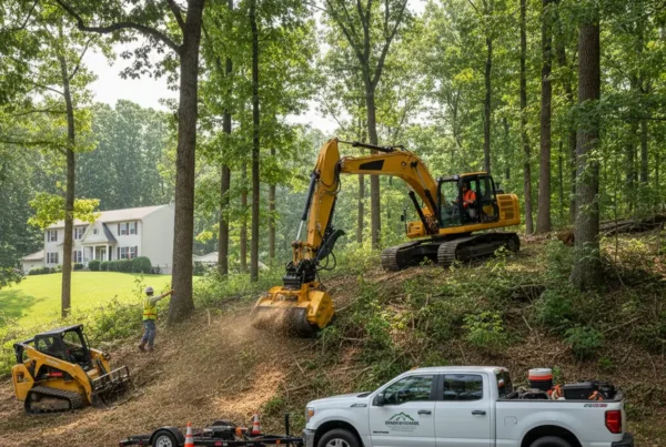 Professional crew using an excavator with a mulcher for brush clearing on a sloped property.
