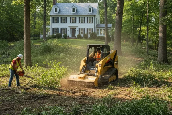 Professional crew performing brush clearing on a steep, wooded property in Granville, Ohio.
