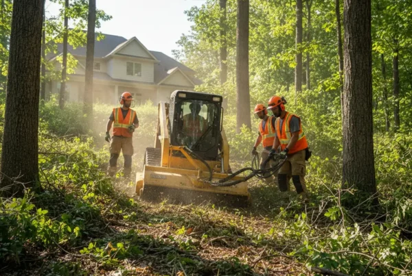 Professional crew performing brush clearing on a wooded residential lot in Galena, Ohio.