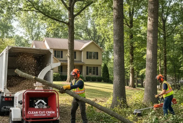 A professional crew performing brush clearing services on a compact residential lot in Groveport.