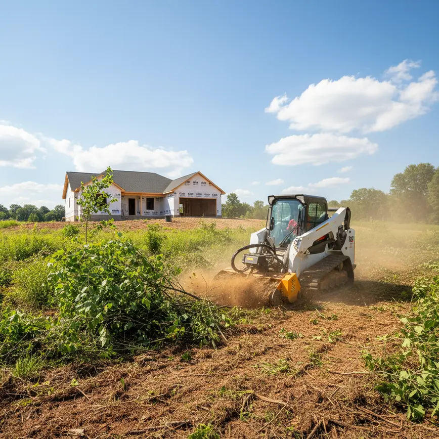 A skid steer with a mulcher attachment clearing overgrown brush on a rolling suburban property.