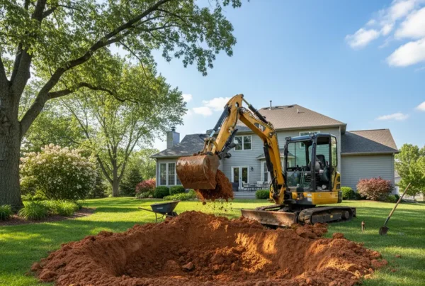 Compact excavator digging a backyard pond in a Columbus, Ohio residential neighborhood.