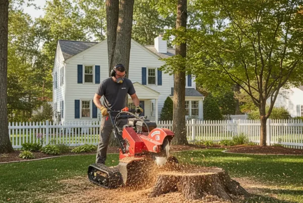 Professional using a compact stump grinder in a tight Millersport, Ohio backyard.