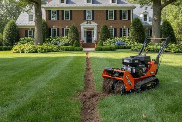 Compact trencher digging a utility line in a landscaped New Albany, Ohio yard.