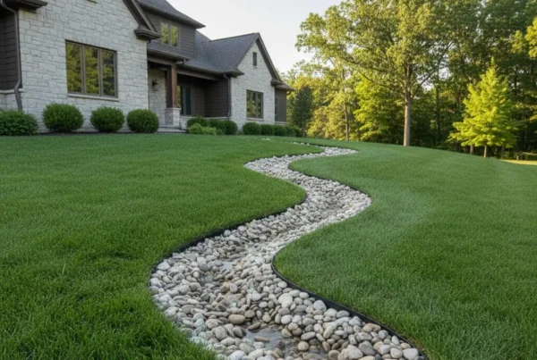 Upscale Powell, Ohio home with a sloped lawn featuring a modern erosion control system.