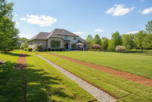 Suburban backyard with a new French drain system for erosion control in clay soil.