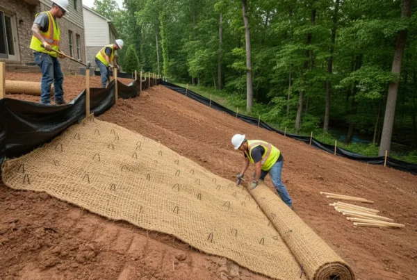Erosion control measures, including a silt fence, being installed on a sloped residential property.