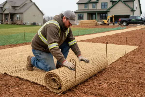 Worker installing erosion control blanket on a clay soil slope in Grove City.