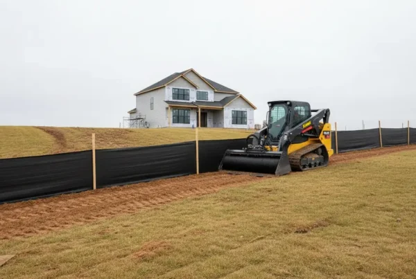 Skid steer installing erosion control silt fence on a sloped suburban lawn in Pickerington.
