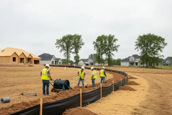 Professional crew installing silt fence for erosion control on a rolling residential construction site.