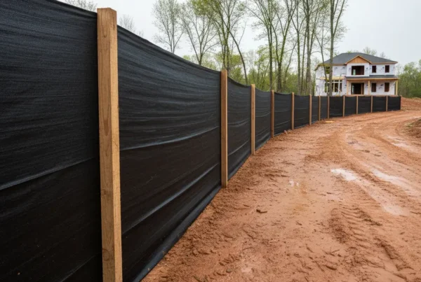 Black silt fence installed for erosion control on a residential construction site with clay soil.