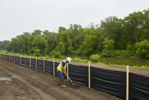 Worker installing a silt fence for erosion control on a clay soil lot in Plain City.