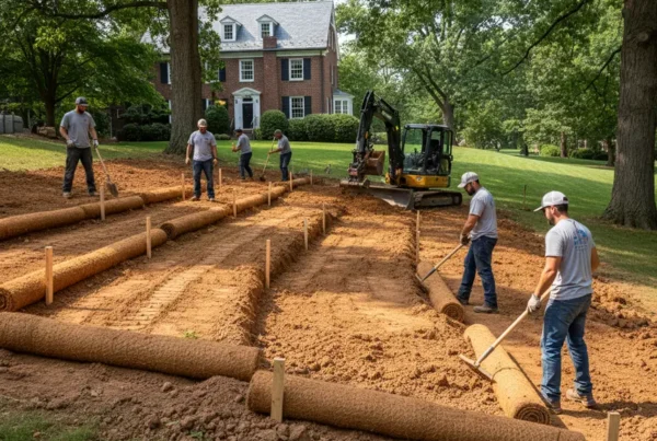 A professional crew implementing erosion control solutions on a sloped residential lawn in Worthington.