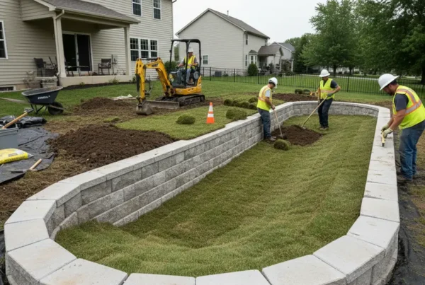 Landscaping crew installing a retaining wall and swale for erosion control in a backyard.