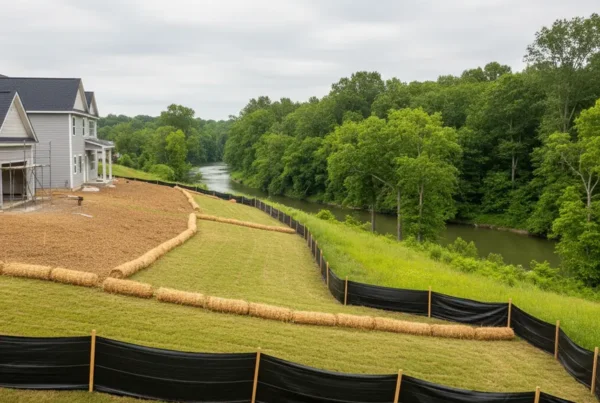 Erosion control silt fencing and straw wattles installed on a sloped residential lawn.