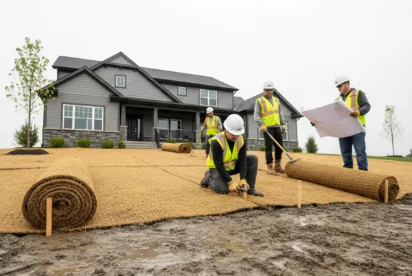 Crew installing erosion control blankets on a residential lawn with poor drainage in Richwood.