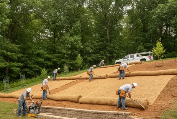 Landscaping crew installing erosion control measures on a sloped residential property in Galena, Ohio.