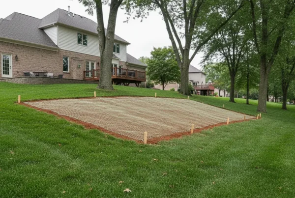 Erosion control blanket on a sloped residential lawn in Upper Arlington, Ohio.