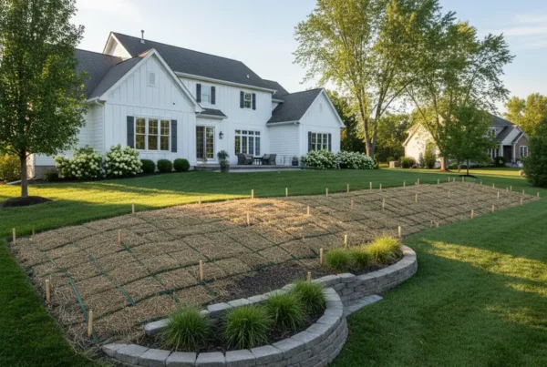 Suburban backyard with rolling terrain showing newly installed erosion control measures and retaining walls.