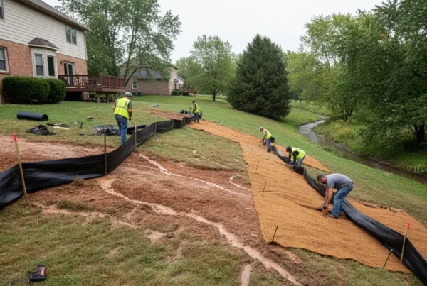 Erosion control specialists installing silt fencing and matting on a sloped residential property.