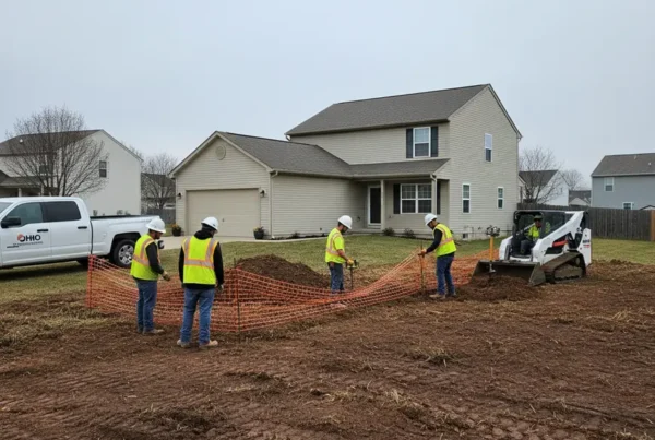 Professional crew installing erosion control silt fence on a compact residential lot in Whitehall.