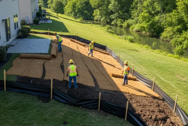 Crew installing erosion control measures on a sloped residential lawn near Blacklick Creek.