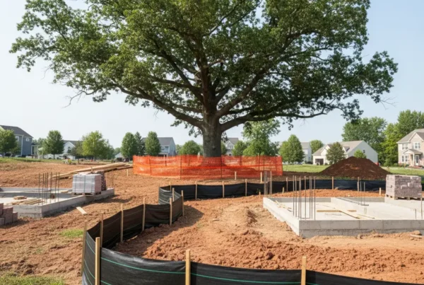 Erosion control silt fencing on a job site with a large, mature tree protected.