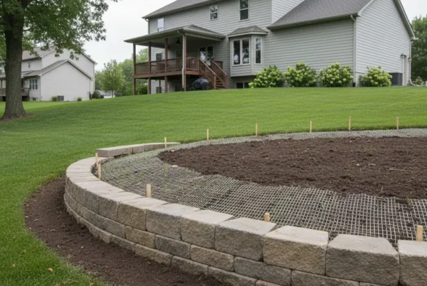 Newly installed erosion control solution with retaining wall on a sloped residential yard.