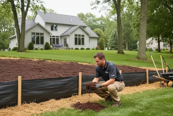 A landscaper inspecting a silt fence erosion control solution in an Orange Township backyard.