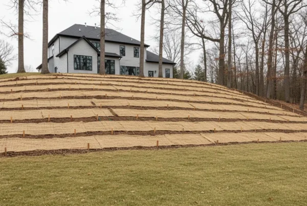 Erosion control blankets stabilizing a steep, sloped backyard on a residential property.