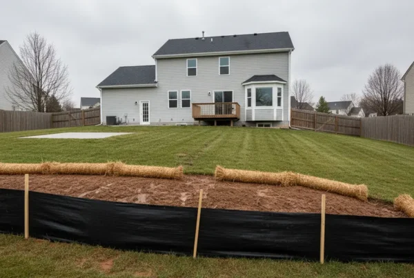 Erosion control measures including a silt fence in a Hilliard, Ohio residential backyard.