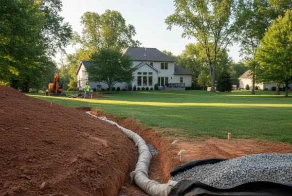 Erosion control measures, including a French drain, being installed in a residential backyard.