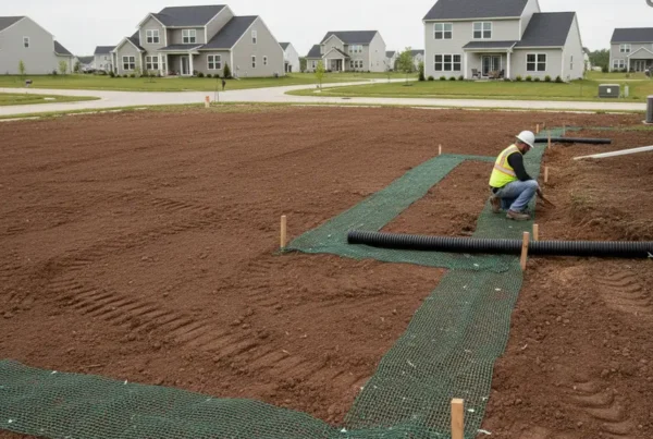 Newly installed erosion control blankets and drainage tile on a flat residential lot in Marysville.