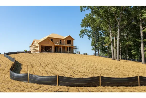 Silt fencing and erosion control blankets on a sloped residential lot in Pataskala, Ohio.