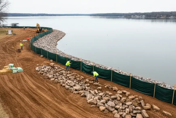 Team installing riprap and silt fencing for erosion control on a Buckeye Lake shoreline.