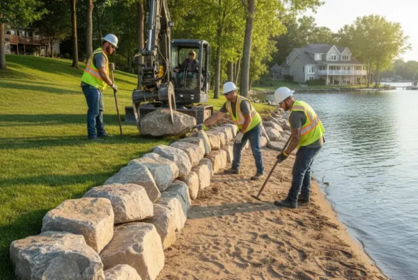 Construction crew installing a stone erosion control wall on a sandy lake shoreline in Millersport.