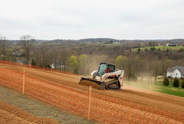 Compact loader performing erosion control work on a steep, clay hillside in Baltimore, Ohio.